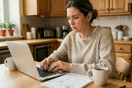Femme en télétravail à la table de cuisine jonglant entre obligations professionnelles et vie personnelle