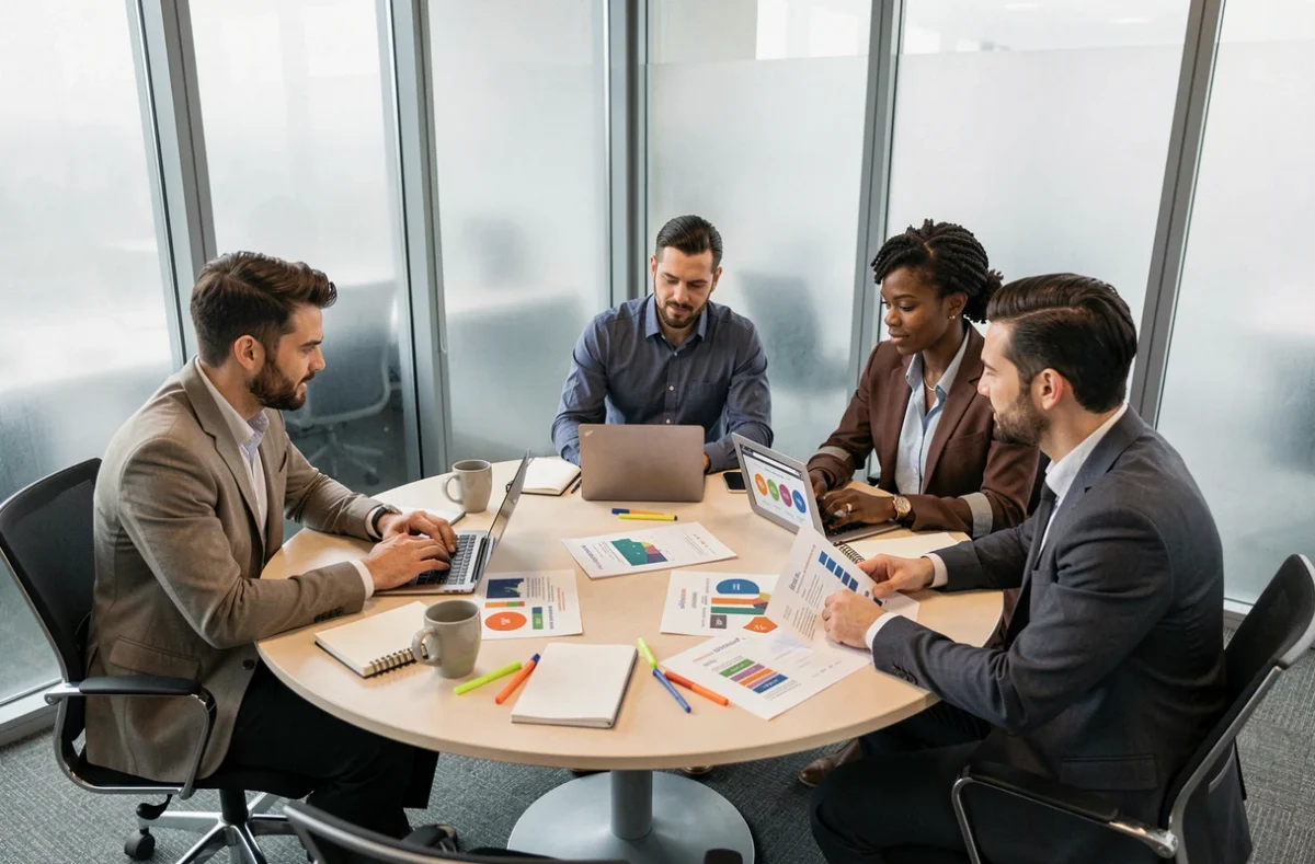 Équipe marketing analysant des données de produit, prix et distribution autour d'une table de réunion
