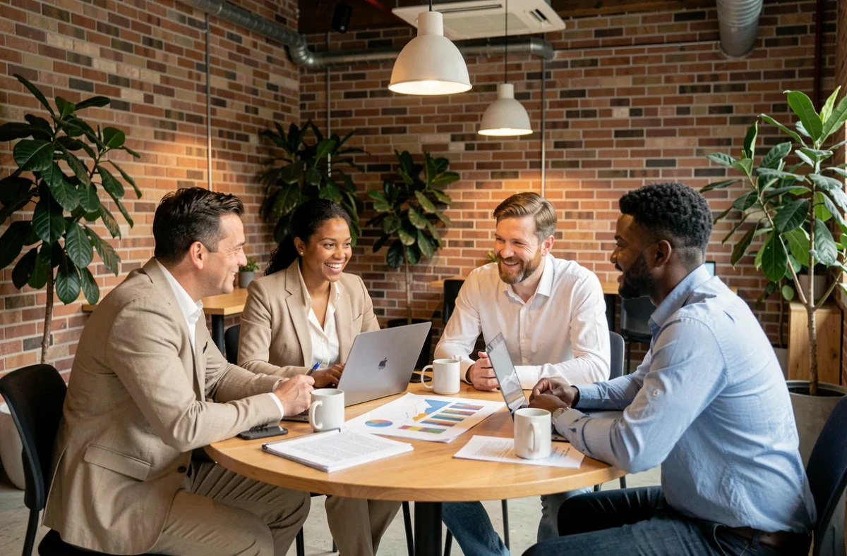 Équipe professionnelle diverse réunie autour d'une table en coworking pour collaborer sur un projet commun