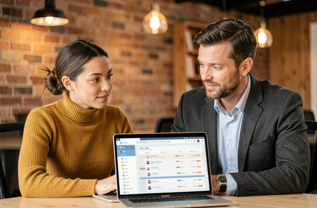 Deux collègues consultant un logiciel CRM pour segmenter les prospects et les leads dans une stratégie commerciale