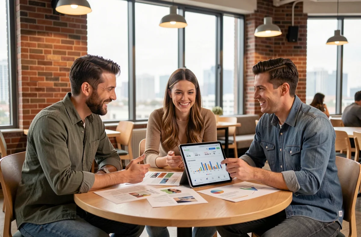 Équipe marketing en session de brainstorming autour d'une table dans un espace de coworking, discutant des stratégies futures de marketing digital