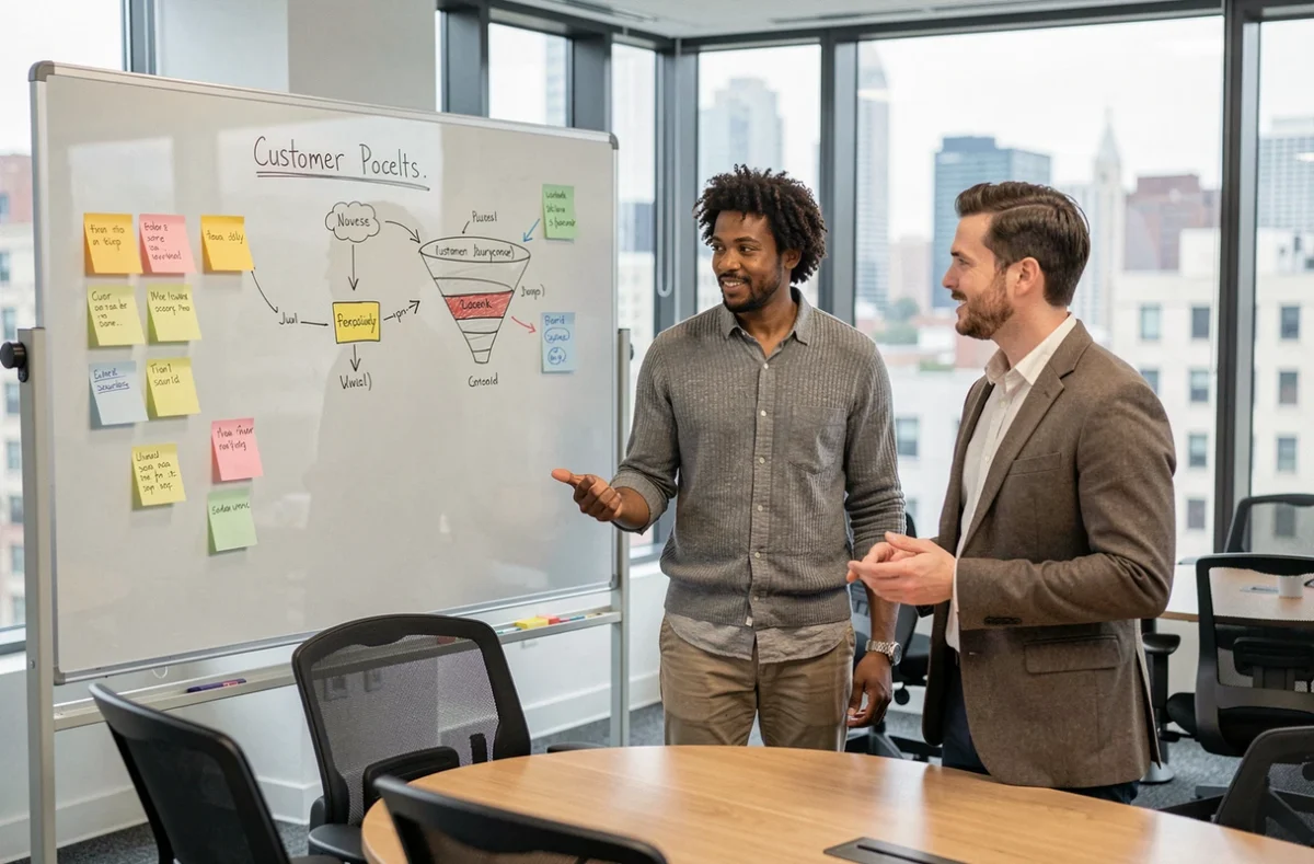 Équipe marketing collaborant autour d'un tableau blanc avec un parcours client pour une campagne de nurturing