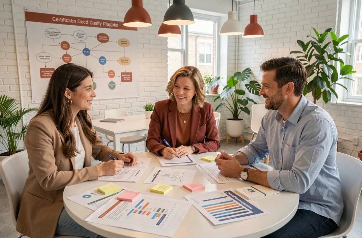 Équipe de professionnels collaborant autour des normes et procédures de management qualité en espace de coworking