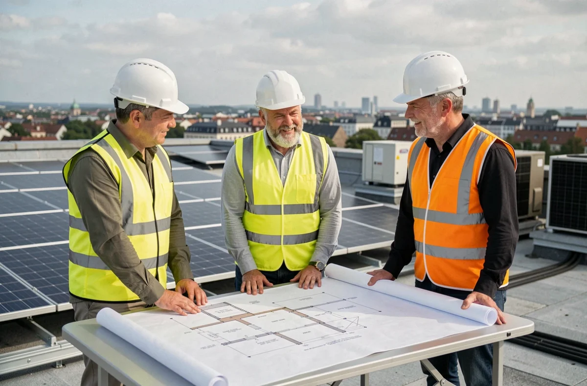 Équipe de professionnels discutant de plans sur un toit équipé de panneaux solaires, exemple de responsabilité environnementale dans le secteur de la construction durable