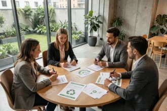 Équipe de professionnels discutant d'une stratégie RSE autour d'une table dans un bureau moderne avec jardin vert en arrière-plan