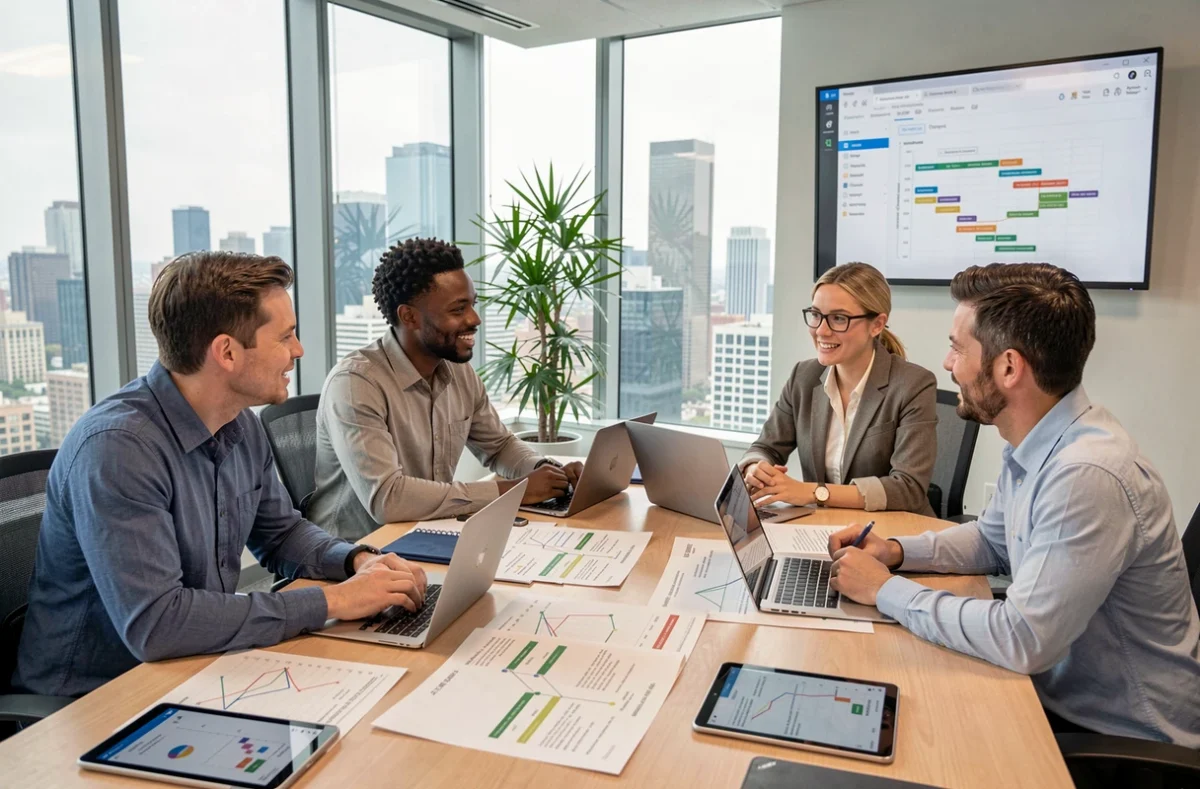 Équipe de professionnels réunis autour d'une table de conférence pour discuter d'outils de gestion de projet avec des diagrammes de Gantt