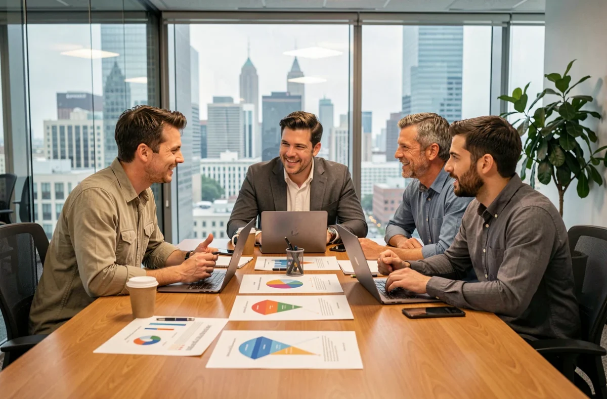 Équipe de professionnels en réunion autour d'une table discutant des stratégies de marketing digital