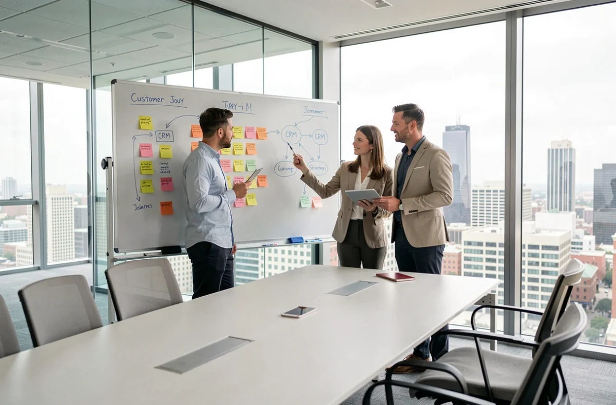 Équipe professionnelle en réunion de stratégie autour d'un tableau blanc avec des schémas de processus CRM