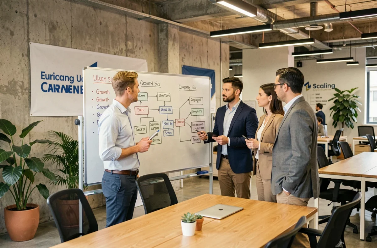 Équipe de professionnels discutant des structures d'entreprise au-dessus d'une PME autour d'un tableau blanc dans un bureau moderne