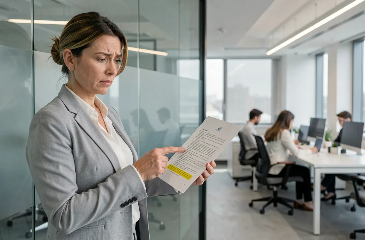 Femme d'affaires pointant une clause manquante sur un document contractuel en entreprise