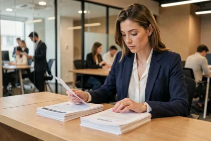 Femme professionnelle analysant deux catégories de documents marketing représentant la différence entre prospect et lead