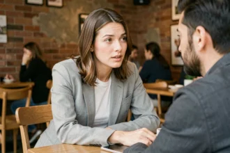 Femme posant des questions à un interlocuteur dans un café, conversation engagée et naturelle