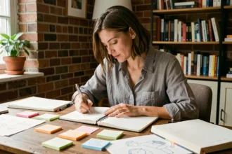 Femme créative prenant des notes et générant des idées de projets dans un bureau home office entouré de carnets et de post-its colorés