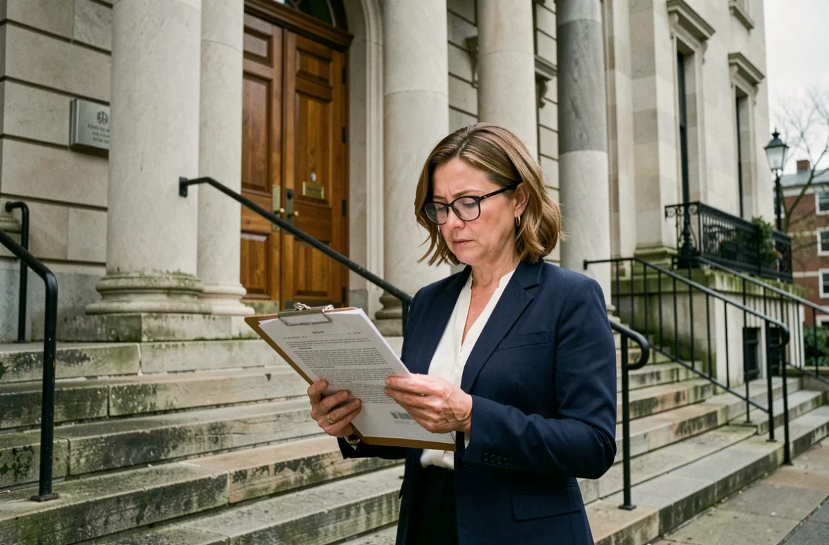 Femme consultant des documents juridiques devant un palais de justice pour vérifier la faillite d'une entreprise