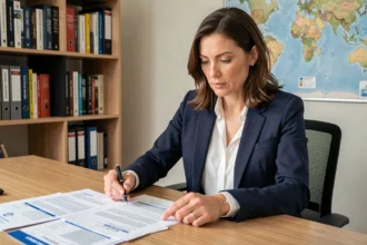 Femme professionnelle consultant des documents de travail à l'étranger pour ajouter des années travaillées à sa retraite