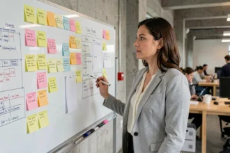 Femme professionnelle devant un tableau de gestion de projet avec des post-it et des plannings dans un bureau moderne
