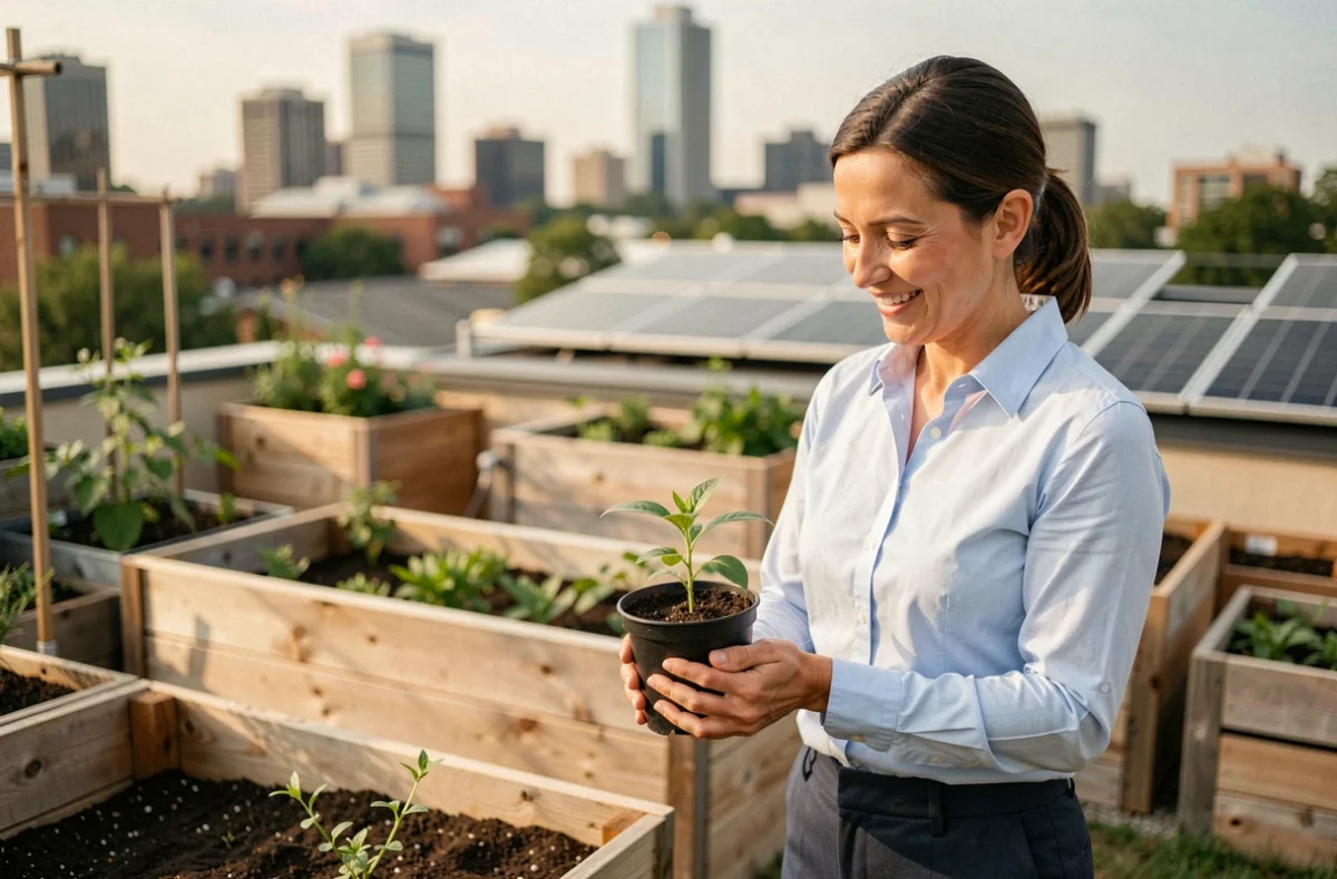 Femme d'affaires tenant une plante dans un jardin communautaire d'entreprise, illustrant la responsabilité environnementale de la RSE