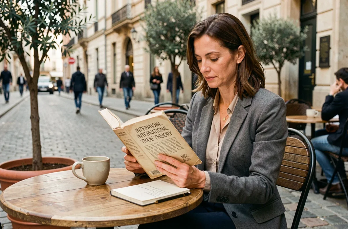 Femme lisant un livre sur les théories du commerce international en terrasse de café dans une ville européenne