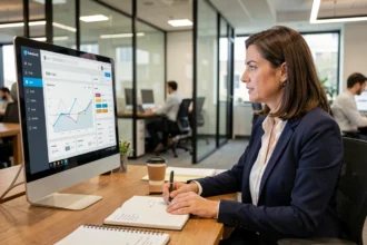 Femme professionnelle utilisant un logiciel CRM sur un ordinateur de bureau dans un open space moderne