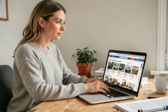 Femme consultant le premier site d'annonces en France sur son ordinateur portable depuis son bureau à domicile