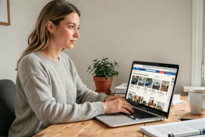 Femme consultant le premier site d'annonces en France sur son ordinateur portable depuis son bureau à domicile