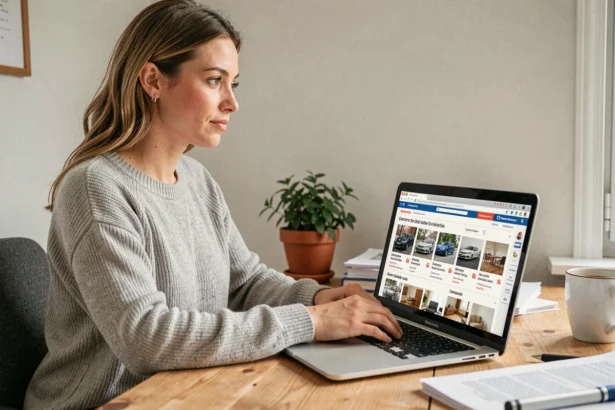 Femme consultant le premier site d'annonces en France sur son ordinateur portable depuis son bureau à domicile