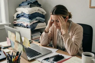Femme stressée travaillant depuis chez elle avec un bureau encombré, illustrant les inconvénients du télétravail