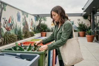 Femme triant des déchets dans des bacs de recyclage colorés devant un centre communautaire urbain, exemple de responsabilité environnementale au quotidien