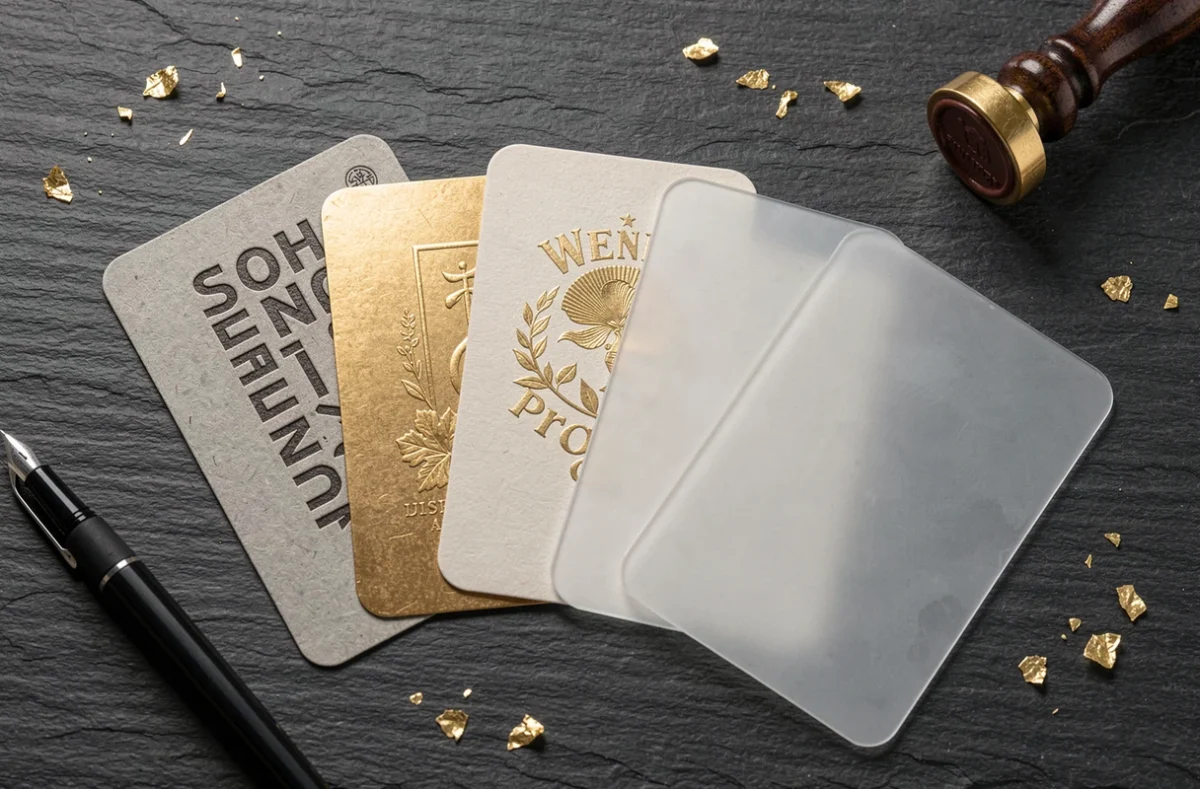 Flat-lay de cartes de visite originales aux techniques variées sur ardoise, illustrant différents styles de création