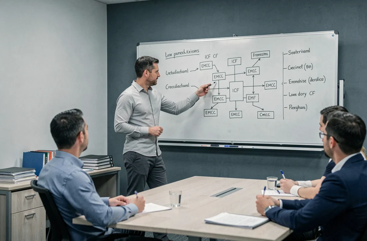 Formateur coach présentant les certifications ICF et EMCC lors d'une formation professionnelle en salle de séminaire