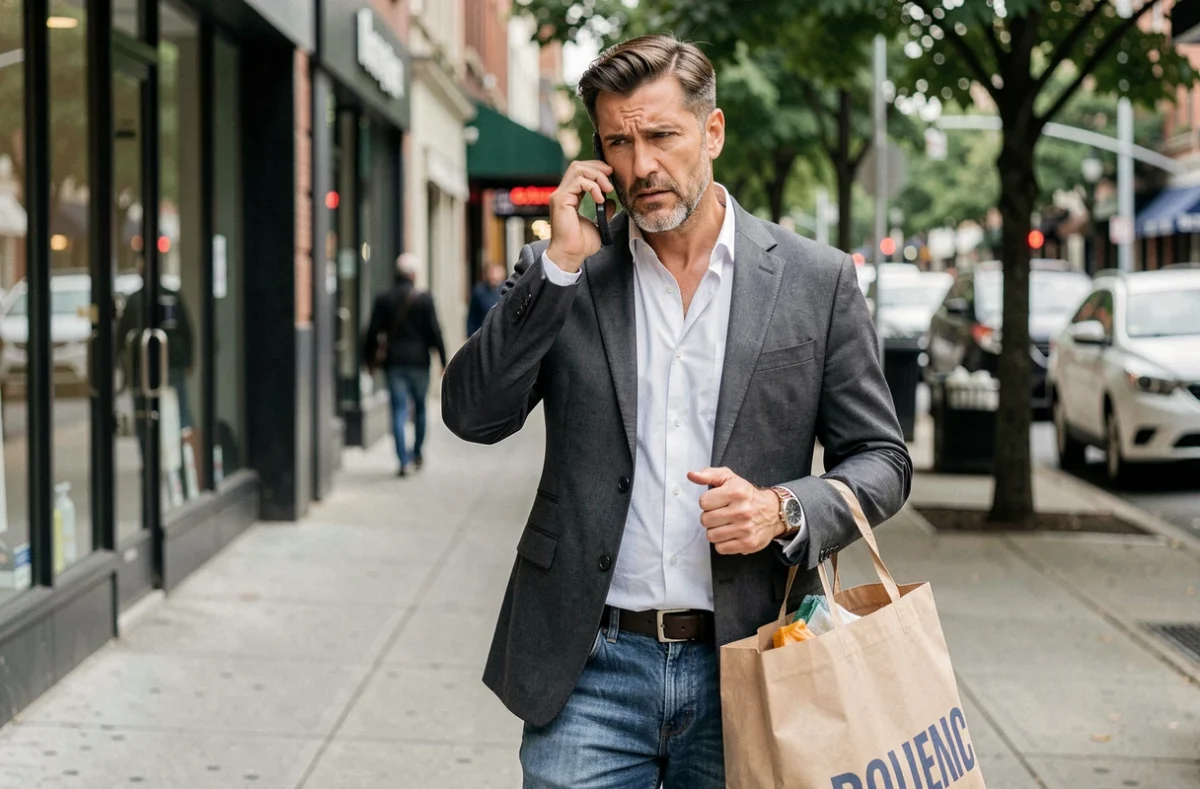 Homme en ville gérant un appel professionnel tout en faisant des courses personnelles illustrant la frontière entre vie pro et vie perso