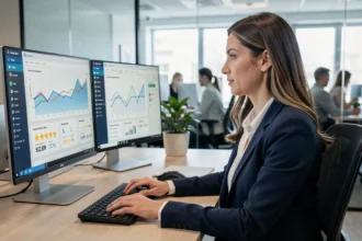 Une professionnelle analysant des tableaux de bord de gestion de réputation en ligne sur deux écrans dans un bureau moderne