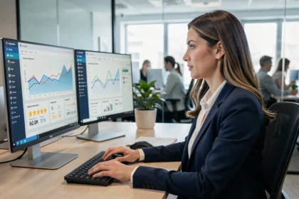 Une professionnelle analysant des tableaux de bord de gestion de réputation en ligne sur deux écrans dans un bureau moderne