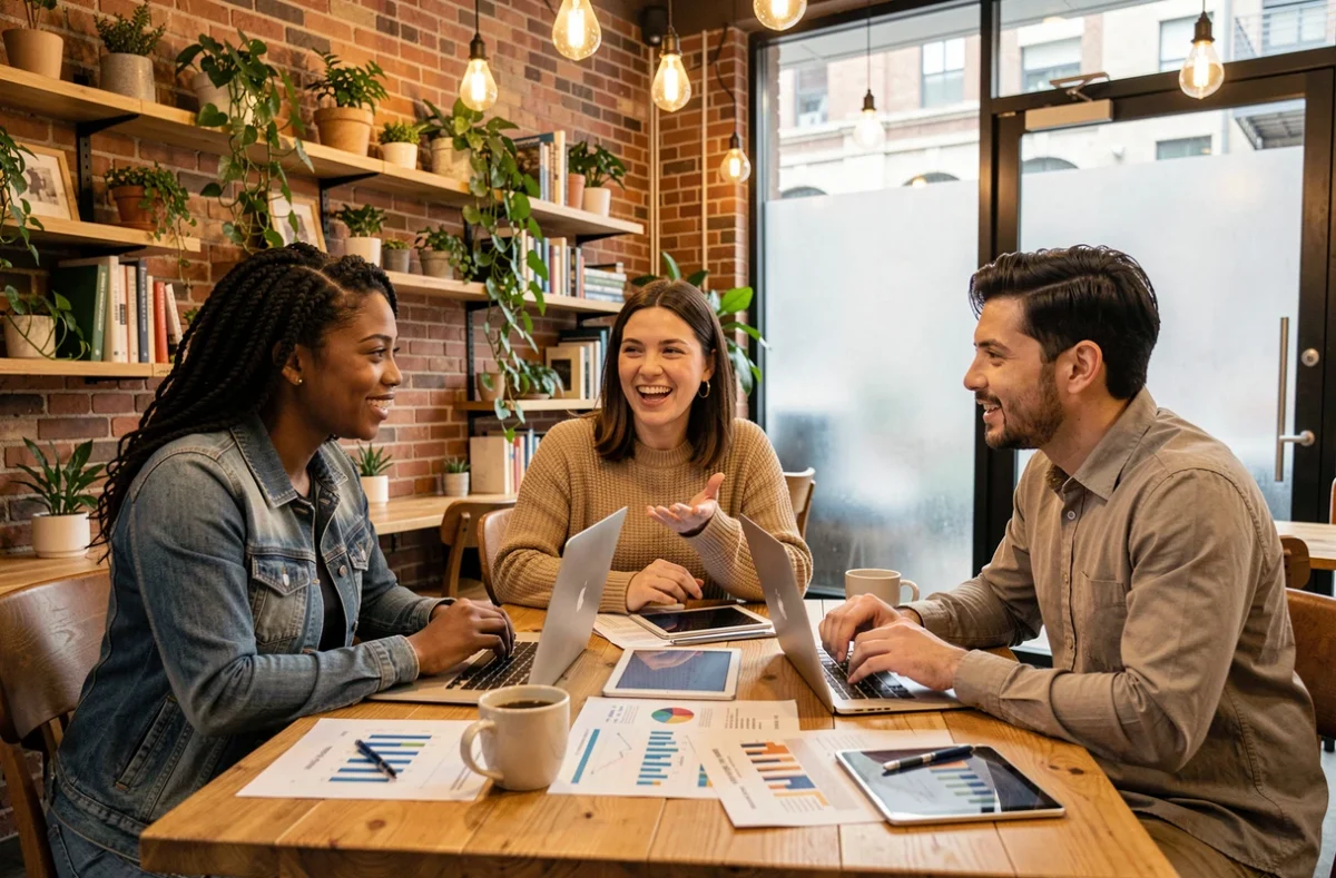 Groupe de jeunes créateurs de contenu collaborant autour d'une table dans un café coworking tendance