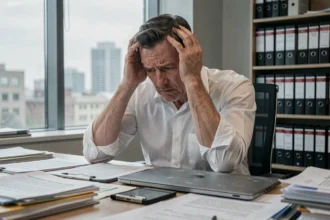 Homme d'affaires stressé assis à un bureau encombré de documents financiers, symbolisant une situation de faillite d'entreprise