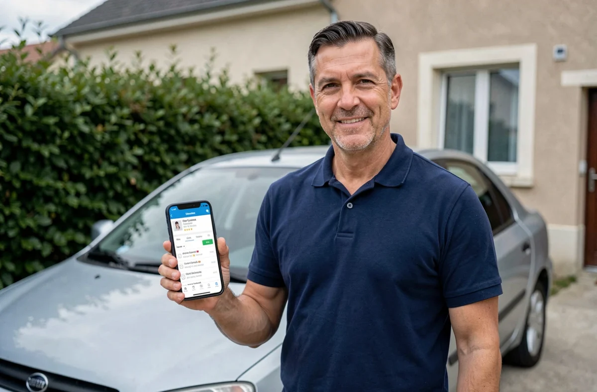 Homme utilisant une application d'annonces françaises sur smartphone devant une voiture d'occasion dans une allée résidentielle