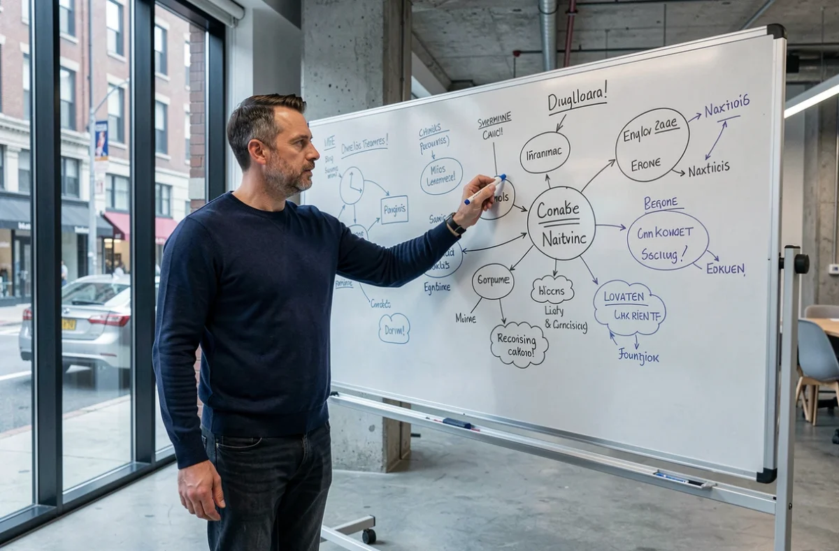 Homme d'affaires debout devant un tableau blanc avec des cartes mentales et des idées de projets dans un espace de coworking moderne