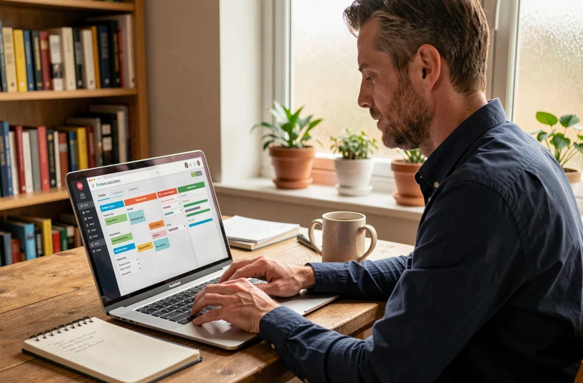 Homme travaillant sur un logiciel de gestion de projet Kanban sur un ordinateur portable dans un bureau à domicile