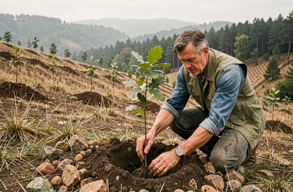 Homme plantant un jeune chêne sur un versant reboisé, illustrant un exemple concret de responsabilité environnementale à travers la reforestation