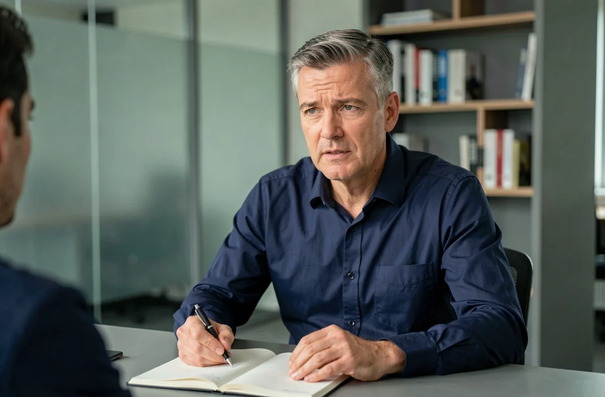 Homme prenant des notes et posant des questions lors d'un entretien professionnel en bureau