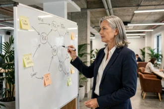 Responsable RH femme devant un tableau blanc avec schéma RSE et stratégie de gestion des ressources humaines en entreprise