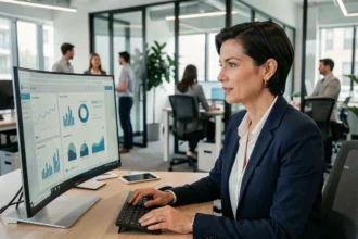 Une professionnelle RH analysant des données sur un tableau de bord numérique dans un bureau moderne et ouvert