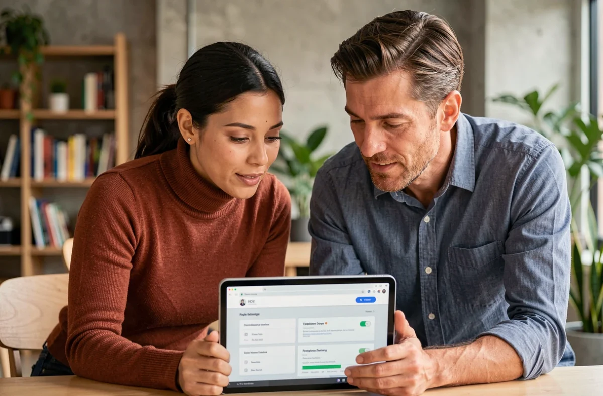 Deux collaborateurs RH consultant une plateforme d'onboarding numérique sur une tablette dans un espace de travail moderne