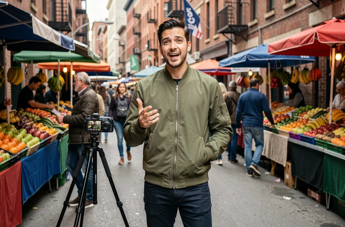 Homme influenceur enregistrant une vidéo en extérieur dans un marché urbain animé