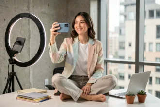 Jeune femme influenceuse filmant du contenu dans un home studio moderne avec smartphone et matériel créatif