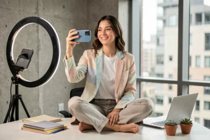 Jeune femme influenceuse filmant du contenu dans un home studio moderne avec smartphone et matériel créatif