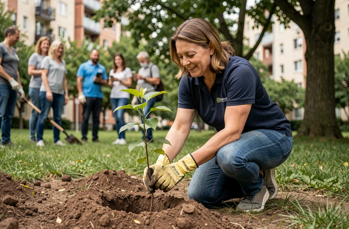 Employée d'entreprise plantant un arbre avec des bénévoles dans le cadre d'une initiative RSE environnementale