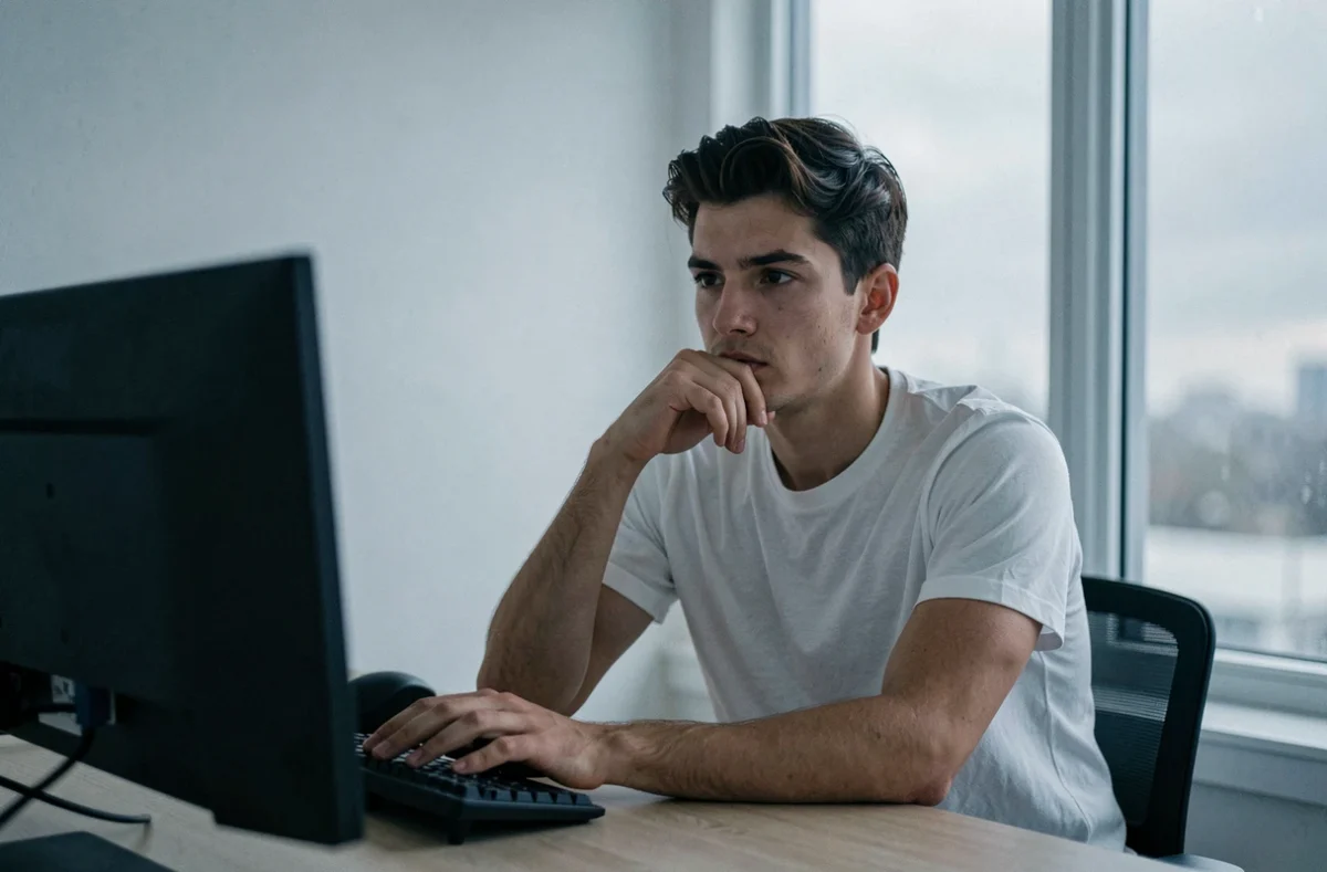 Jeune homme seul en télétravail avec une expression isolée, illustrant la solitude et le manque de lien social au travail à domicile