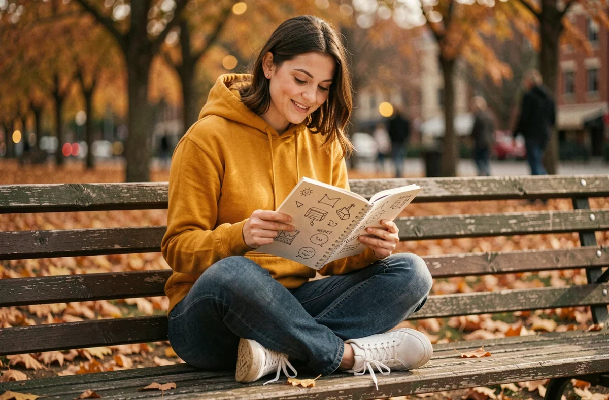 Jeune femme assise dans un parc en automne avec un carnet de croquis pour noter ses idées de projets créatifs en plein air