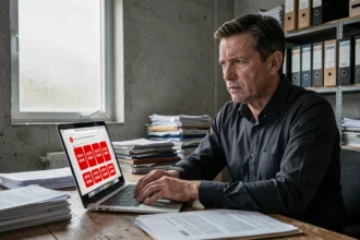 Journaliste face à un écran bloqué symbolisant la censure d'internet dans un pays restrictif